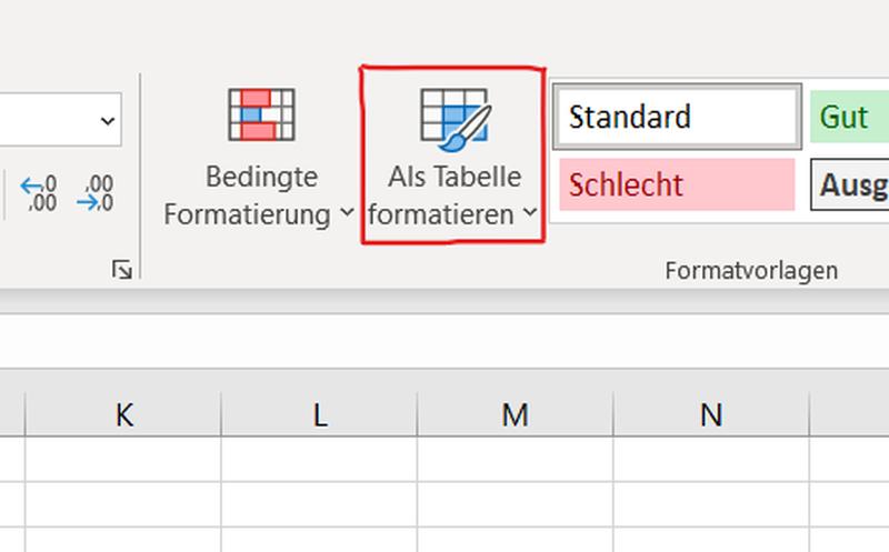 Excel-Funktion Als Tabelle formatieren